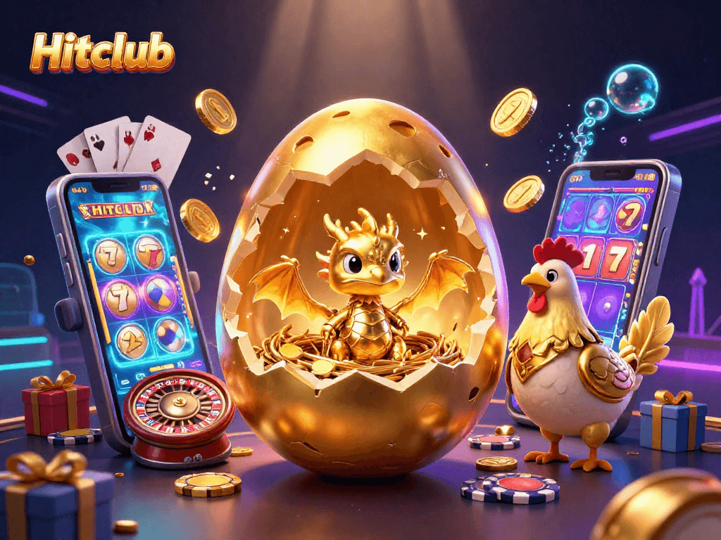Hitclub reveals a golden baby dragon amongst poker chips and slot game elements in a vibrant casino scene.
