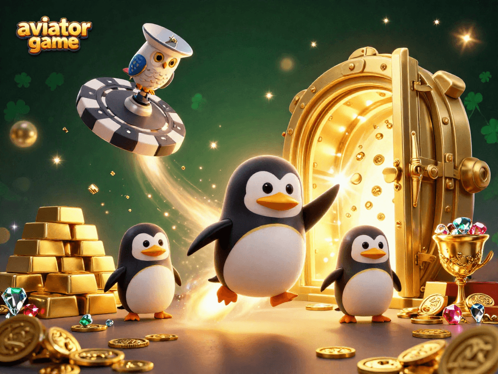 Experience the thrill of the aviator game with a golden penguin and treasure-filled casino scene.