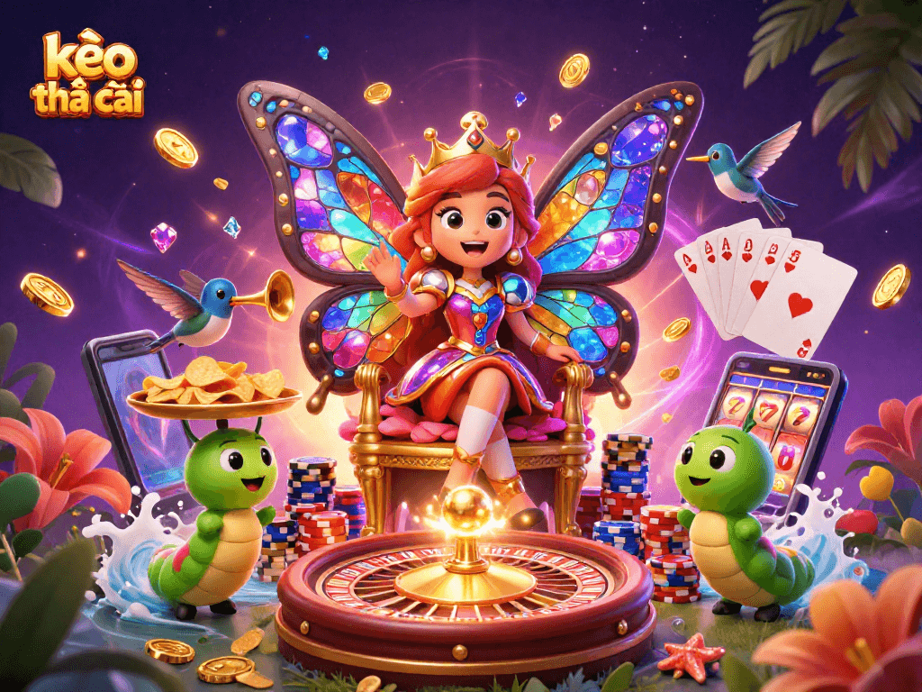 Experience kèo nhà cái excitement with a stunning 3D illustration of a butterfly queen and vibrant casino elements.