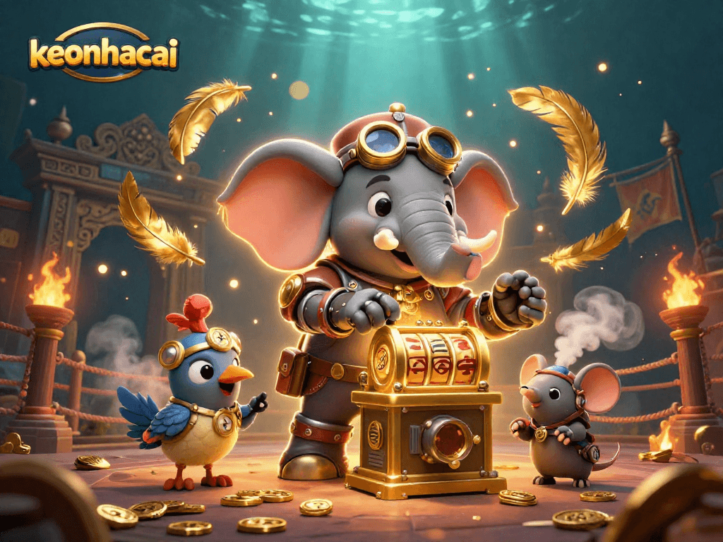 Engage with keonhacai's thrilling 3D casino adventure featuring a steampunk elephant at a vibrant golden slot machine.