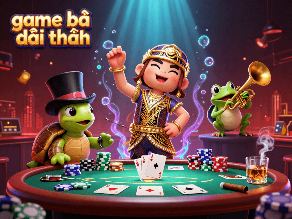 Engage in game bài đổi thưởng with a vibrant poker scene featuring lively characters and rich casino elements.