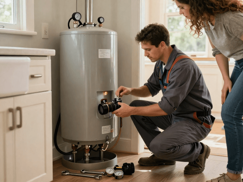 Professional plumbing repair Fort Worth expert inspecting water heater in home setting.