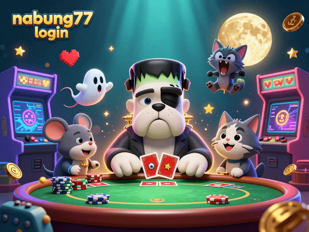 Engage in the nabung77 login experience while watching a 3D Frankenstein bulldog deal cards at a poker table.