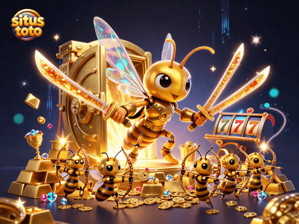 Menangkan situs toto dengan ilustrasi 3D menakjubkan tentang hornet emas dan slot jackpot.