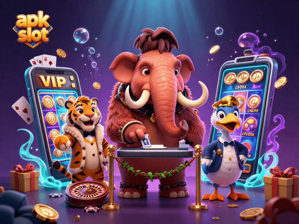 Mengakses apk slot dengan cepat dan mudah melalui ilustrasi 3D bouncer kasino, memperlihatkan suasana berenergi.