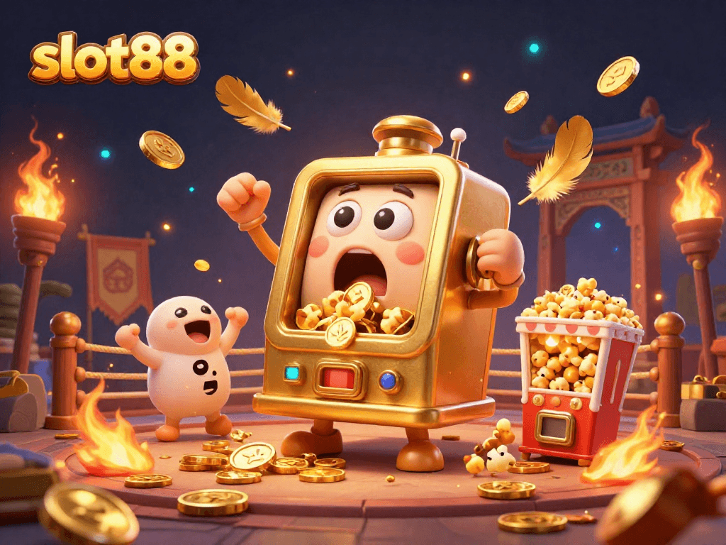 Enjoy thrills at slot88 with a golden slot machine hitting its jackpot as coins pour out!