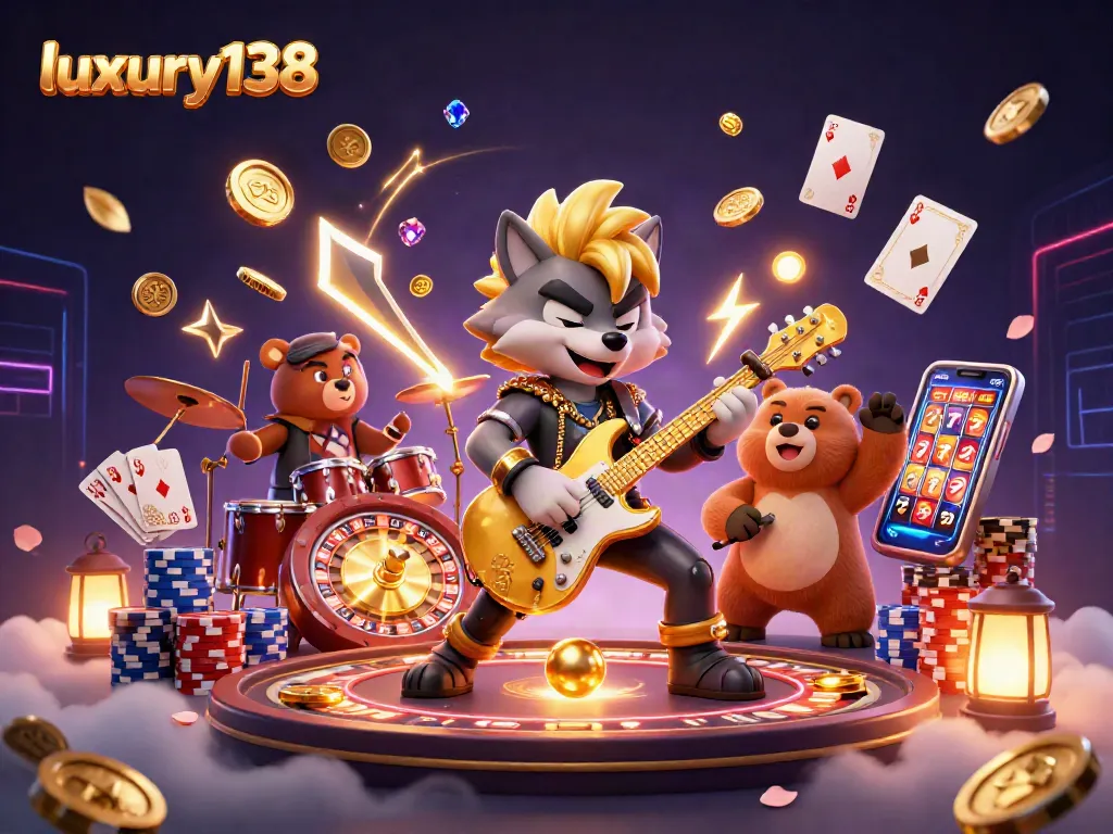 Experience thrilling wins with luxury138 in a vibrant 3D casino scene featuring a rock star wolf.