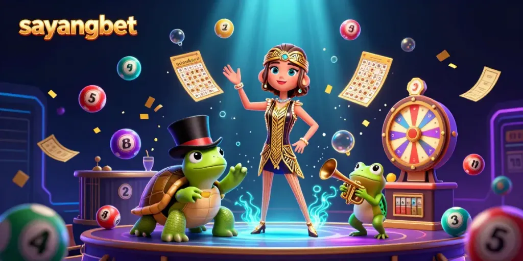Sayangbet players enjoy a vibrant gaming scene with playful characters, dynamic lottery elements, and festive ambiance.