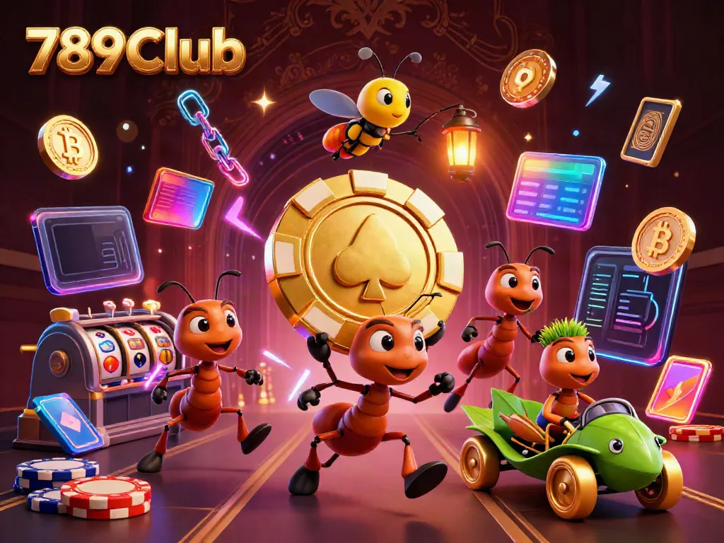 Engage with 789Club in a thrilling heist scene featuring ants, poker chips, and cryptocurrency elements.