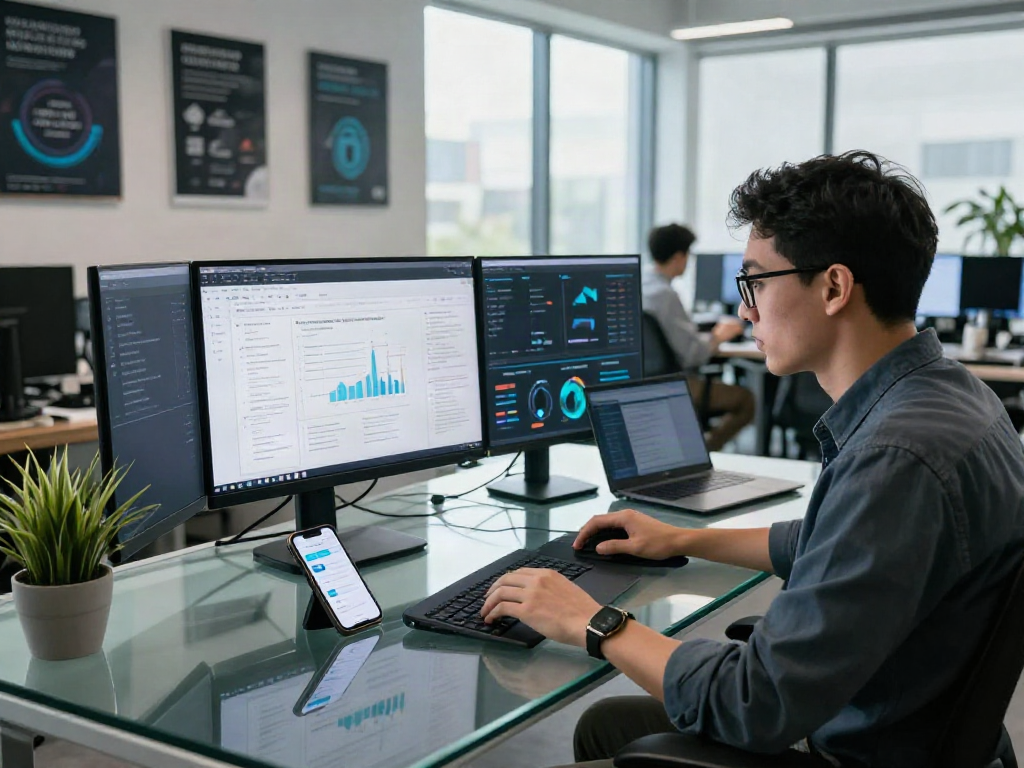 Data analyst using document fraud detection software in a modern workspace, showcasing real-time analytics and collaboration.