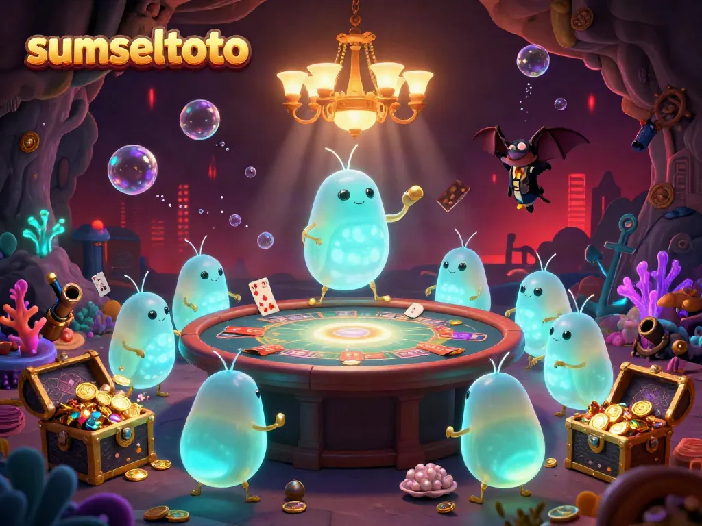 Playing at sumseltoto in a whimsical casino filled with glowworm characters lighting the scene with treasure and excitement.
