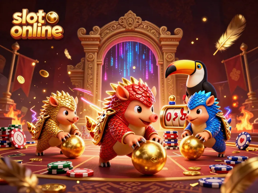 Experience vibrant slot online action with lively pangolins amid golden coins and excitement.
