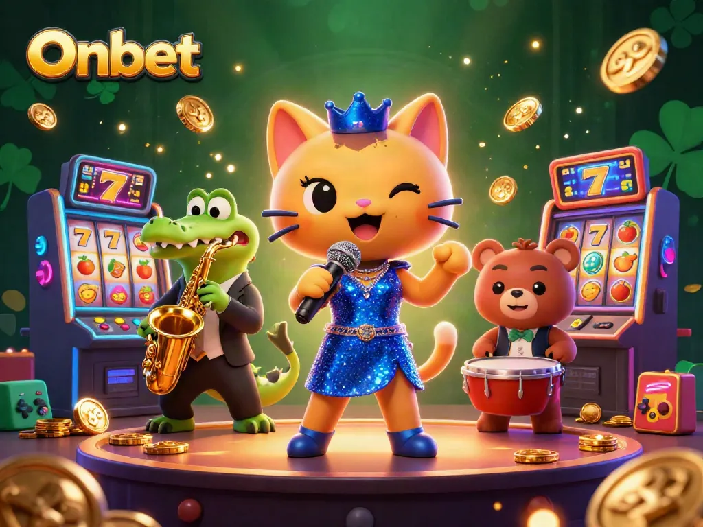 Experience thrilling slot action on Onbet with vibrant characters performing in a lively casino scene.