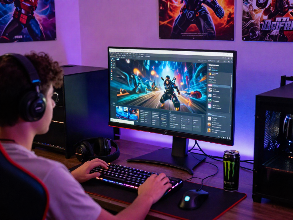 Engaged gamer exploring kebuntoto gaming platform with immersive setup and vibrant atmosphere.
