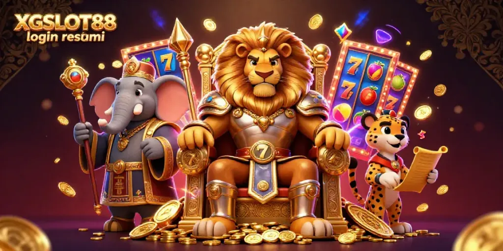 Login resmi XGSLOT88, gambarkan raja singa mengesankan di tahta bertatahkan koin emas.