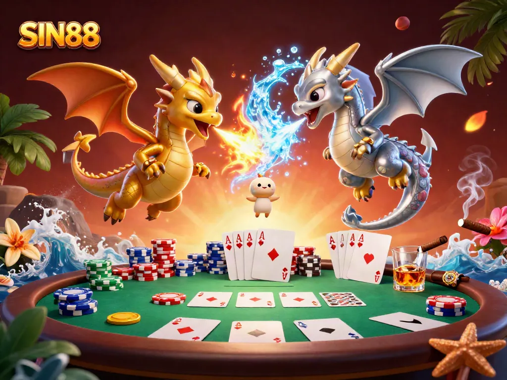 Experience winning moments at SIN88 with twin dragons battling, surrounded by vibrant poker elements.