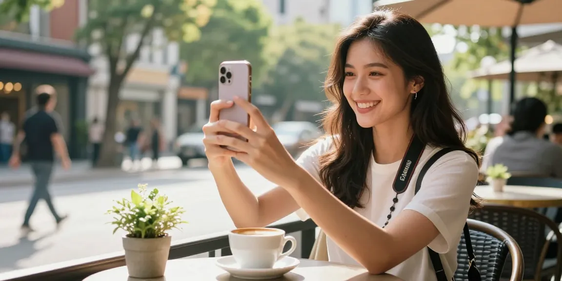 Young woman happily taking a selfie at café, exploring how old do I look.