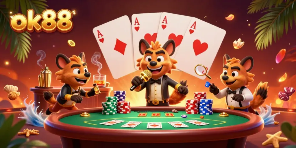 Experience the excitement with ok88, as hyenas entertain in a vibrant, comedic casino setting.