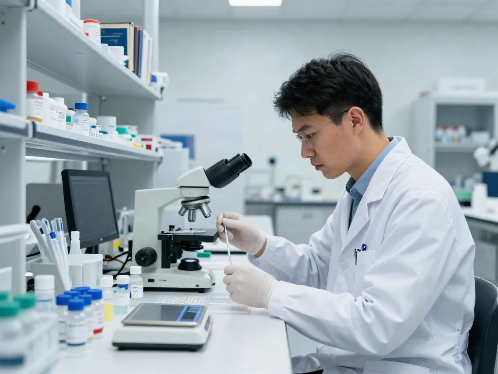 Scientist working with research peptides in a modern lab setting, showcasing precision in scientific research.