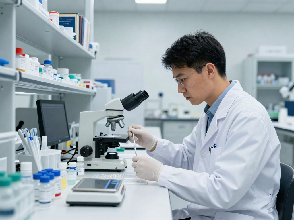 Scientist working with research peptides in a modern lab setting, showcasing precision in scientific research.
