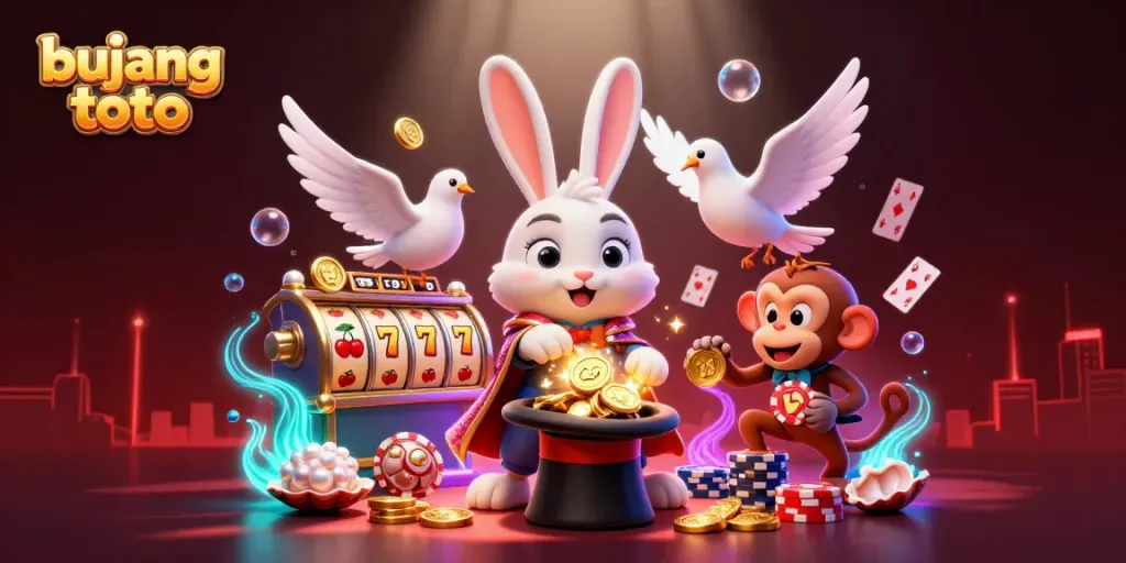 Experience the magic of "bujang toto" with a whimsical scene of a magician rabbit pulling coins and playful characters.