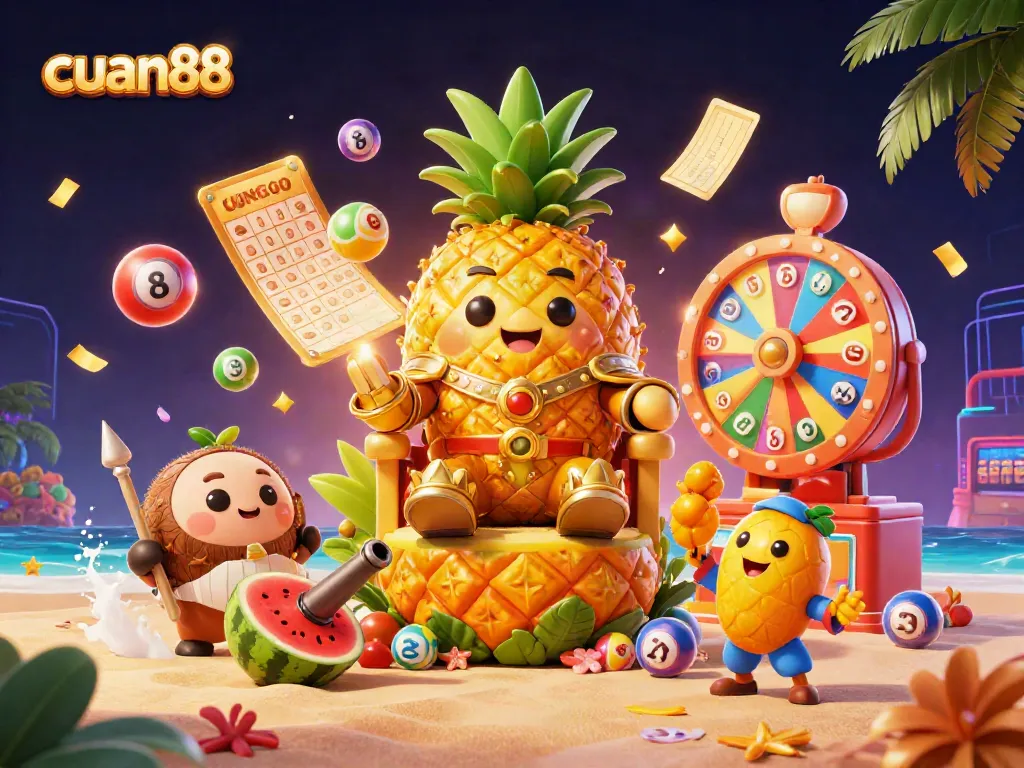 Experience the excitement of cuan88 with a vibrant beach casino scene featuring a golden pineapple king, lively characters, and dynamic game elements.