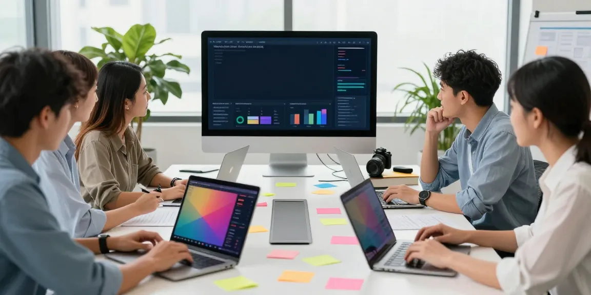 Team collaborating on a digital marketing project with laptops and dashboards, click here for insights.