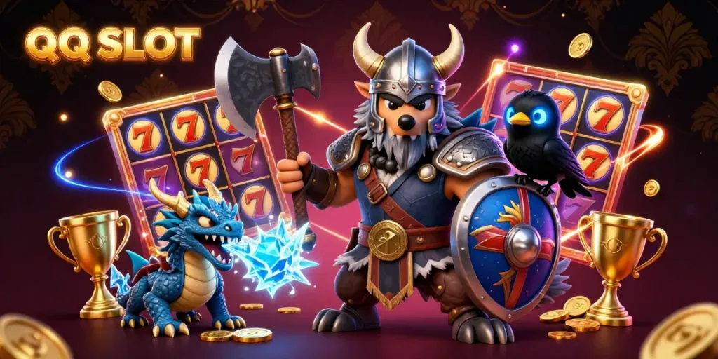 Spin to win with the QQ SLOT gaming setup featuring Viking warrior, dragon, and gold coins.