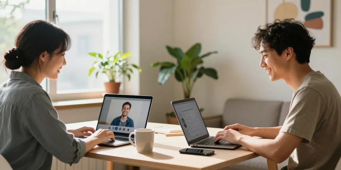 Two individuals engaged in a lively 1v1 chat via video call, showcasing the warmth of personal connections.