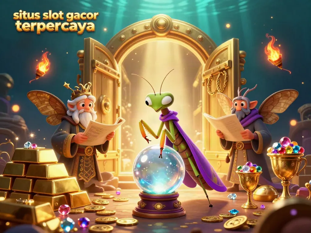 Witness a magical scene with the situs slot gacor terpercaya showcasing a mystical fortune teller and treasures that draw players in.
