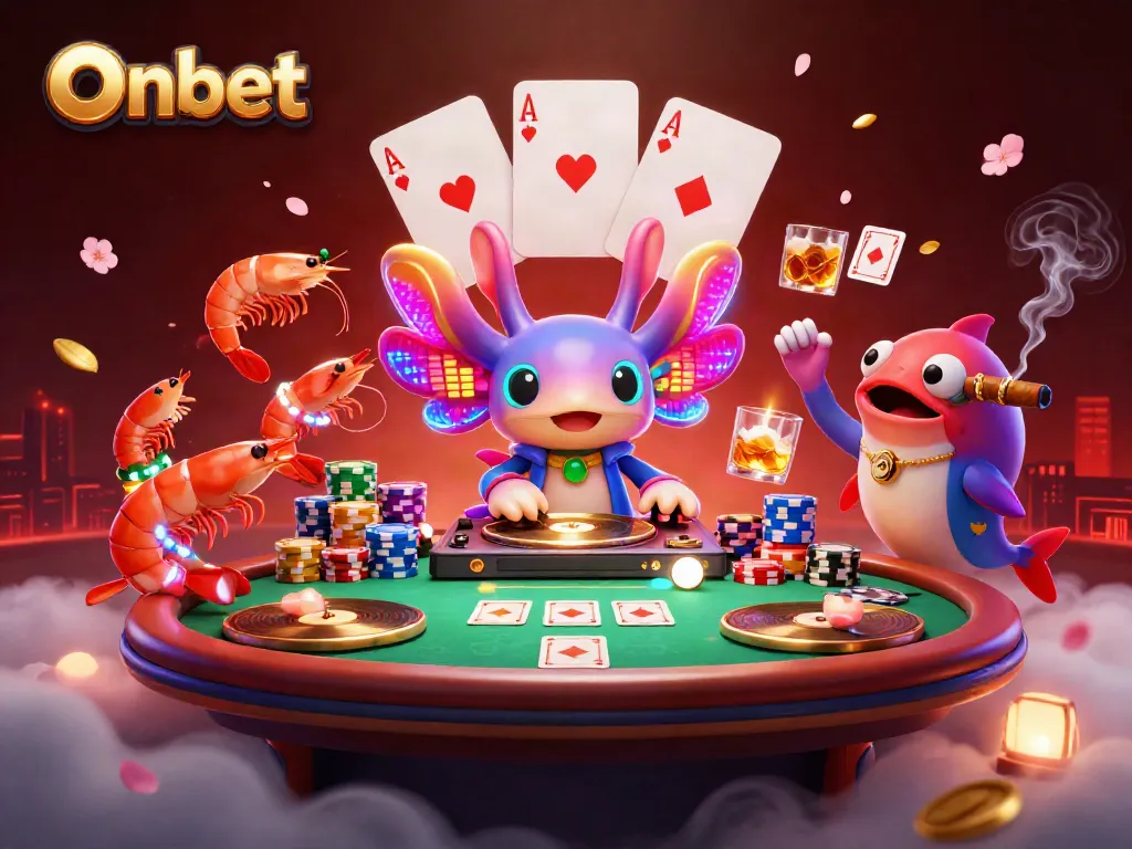 Engage in thrilling games at Onbet with vibrant 3D casino scene featuring card tables, chips, and colorful characters.