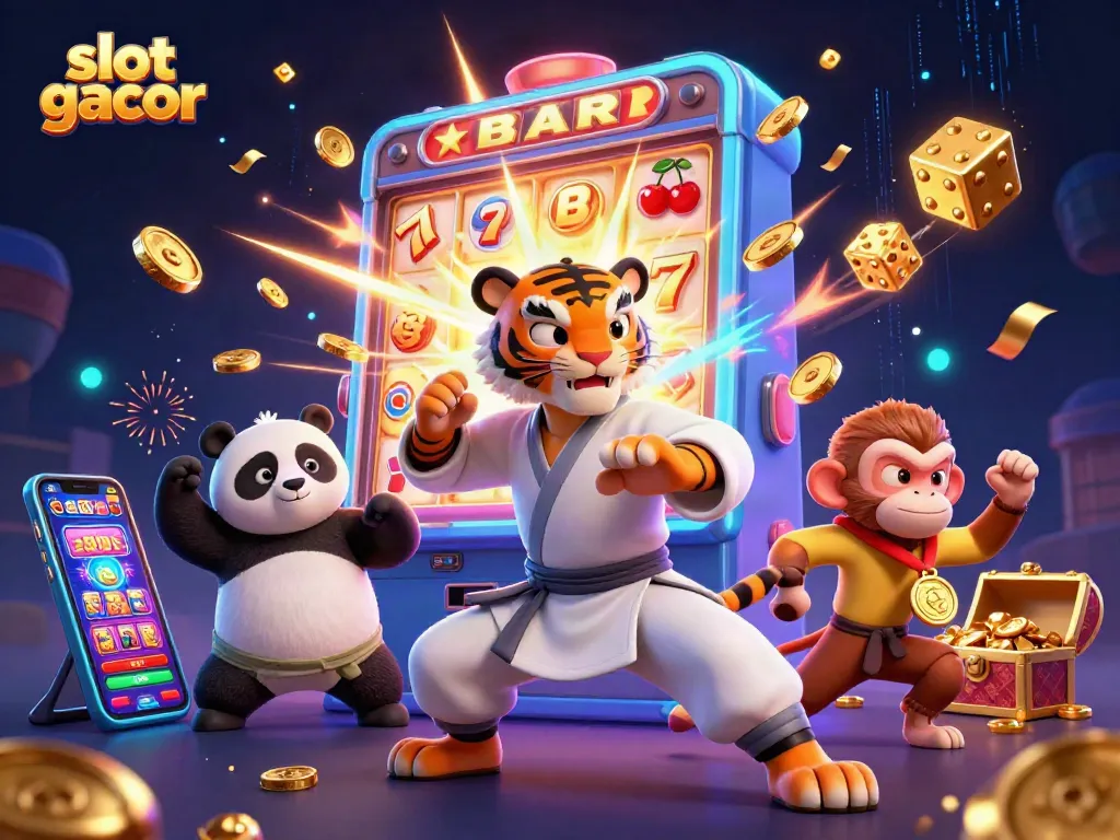 Menangkan jackpot besar di slot gacor dengan ilustrasi karakter kartun kung fu di kasino yang penuh aksi.