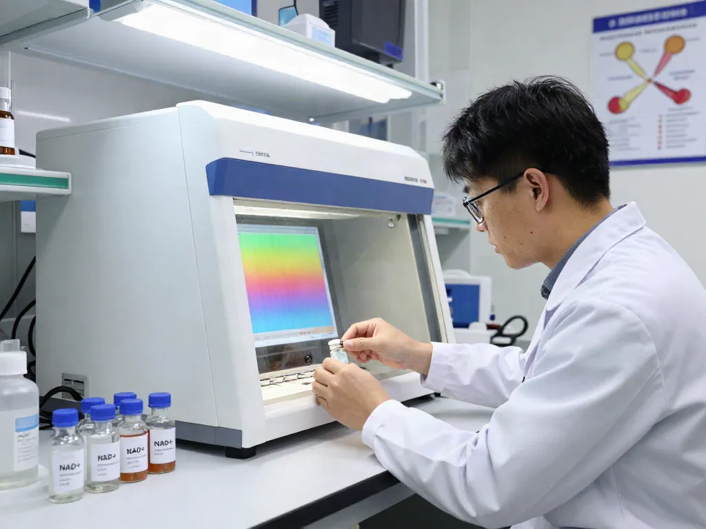 NAD+ peptide analysis in a lab, scientist examining compounds for purity and research.