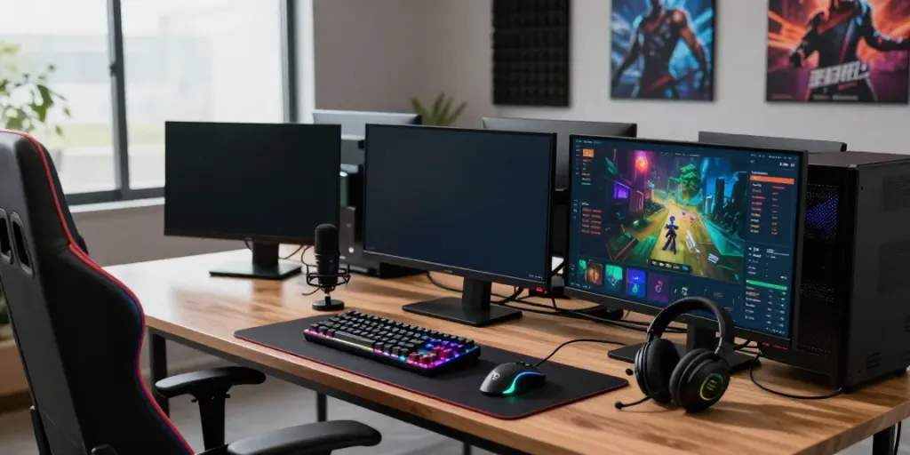 Dynamic setup for singatoto online gaming featuring vibrant screens and gaming accessories.