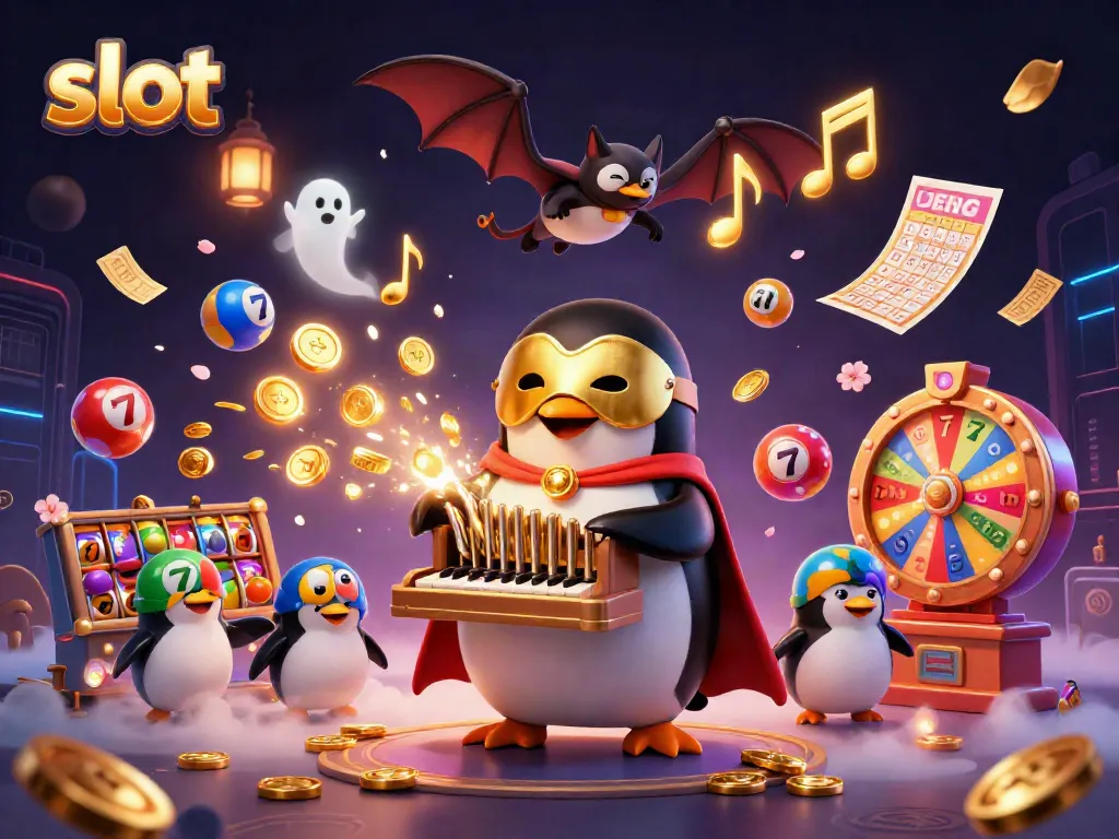 Engage in thrilling slot action with a vivid illustration of casino elements, a penguin organist, and golden coins.