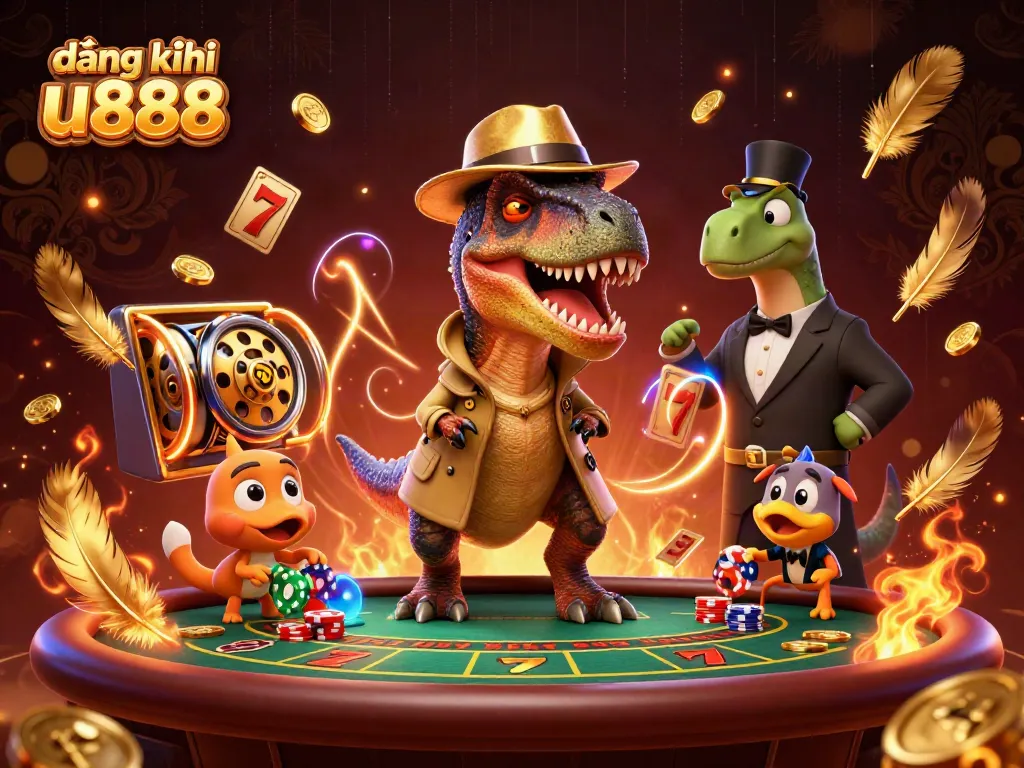 Win at đăng ký u888 with this 3D cartoon illustration of a velociraptor card counter at a vibrant casino scene.