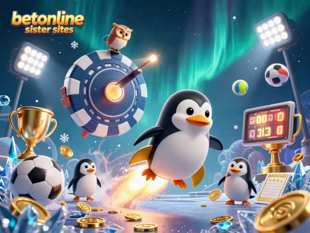 Experience betonline sister sites with our golden penguin racing through a vibrant, dynamic casino cosmos.