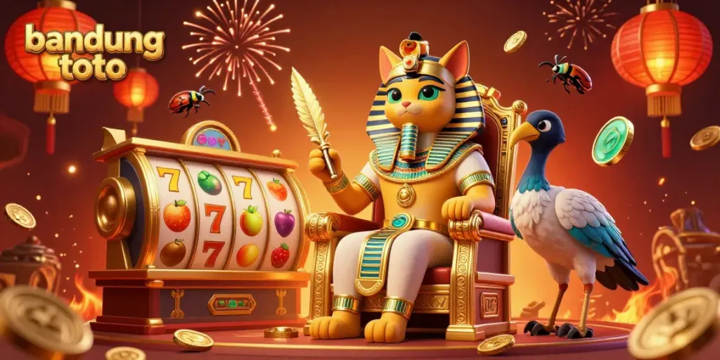 Experience the excitement of bandung toto with this vibrant 3D casino scene featuring an Egyptian pharaoh cat on a golden throne.