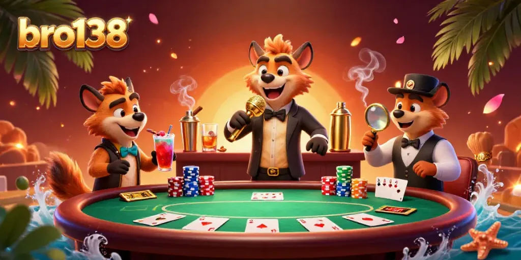 Hyenas at bro138 comedy casino club with vibrant poker scene, colorful drinks, and warm sunset glow.