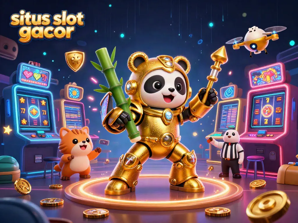 Engage with situs slot gacor in a vibrant casino scene featuring a golden panda and immersive slot elements.