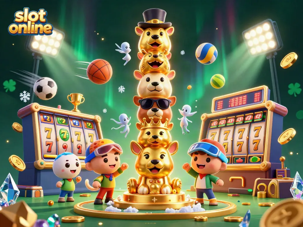 Engaging slot online illustration showcasing dynamic totem pole and lively game elements in an exciting casino setting.