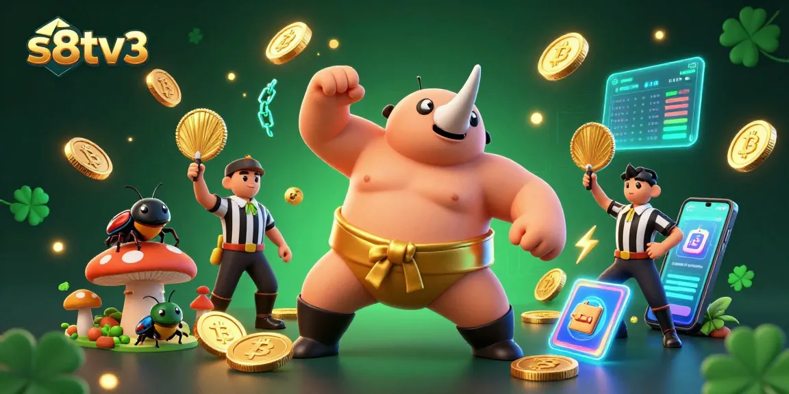 s8tv3's dynamic 3D scene showcases a rhinoceros beetle champion amidst glowing Bitcoin and Ethereum coins, enhancing the online gambling experience.