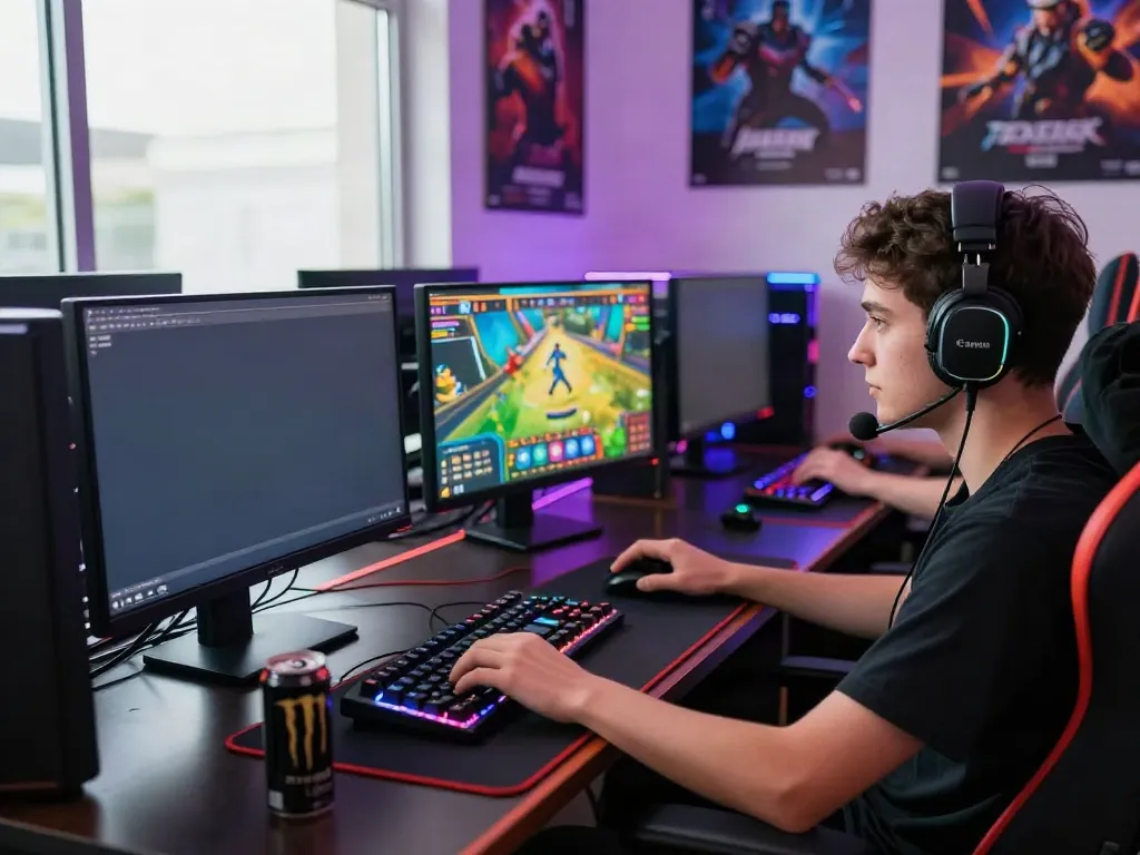 Engaged gamer exploring harga toto games in a modern gaming setup with vibrant graphics.