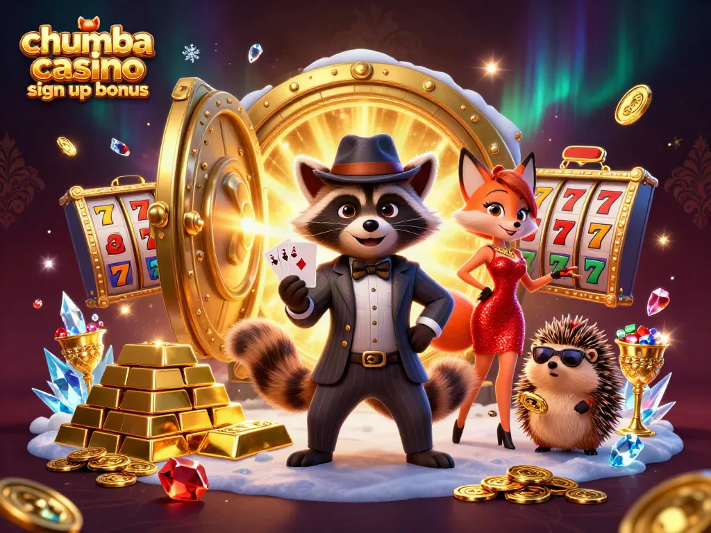 Win amazing prizes with Chumba Casino sign up bonus featuring vibrant animated characters and rich casino elements.