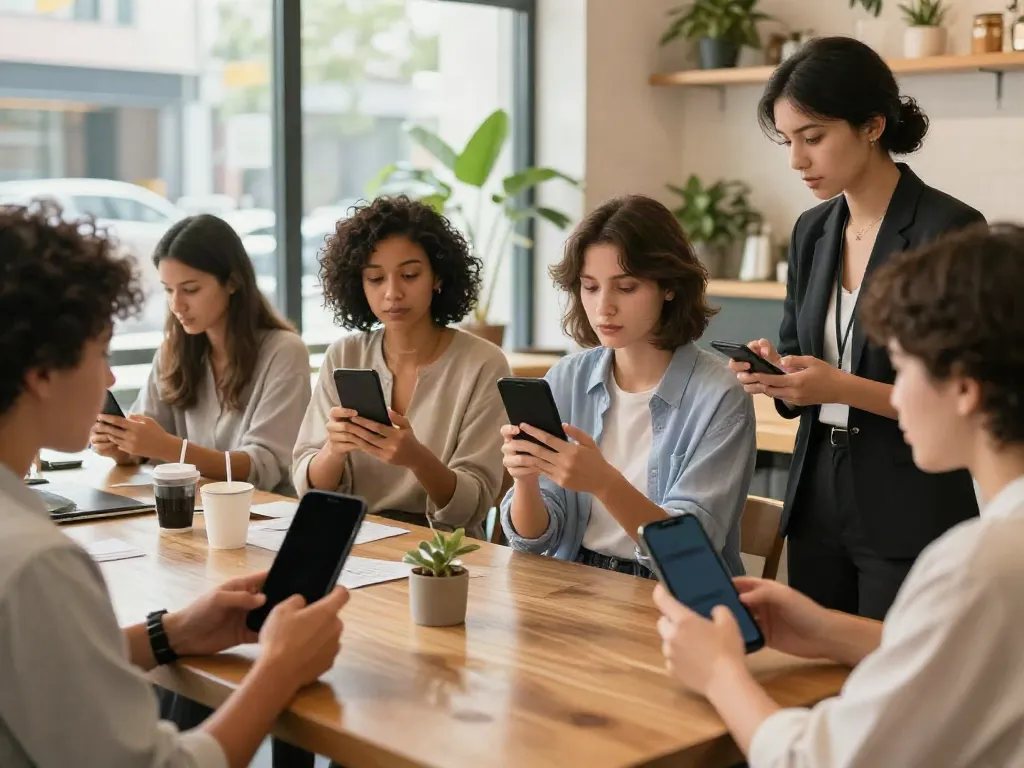 Individuals exploring alternatives to QOVES through beauty analysis apps in a modern café.