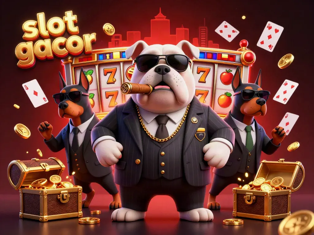 Experience the excitement of slot gacor with a vibrant 3D mafia scene featuring cartoon characters and gaming elements.