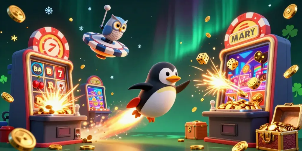 Experience the excitement of QQSLOT with a golden penguin and casino elements in a vibrant, dynamic scene.