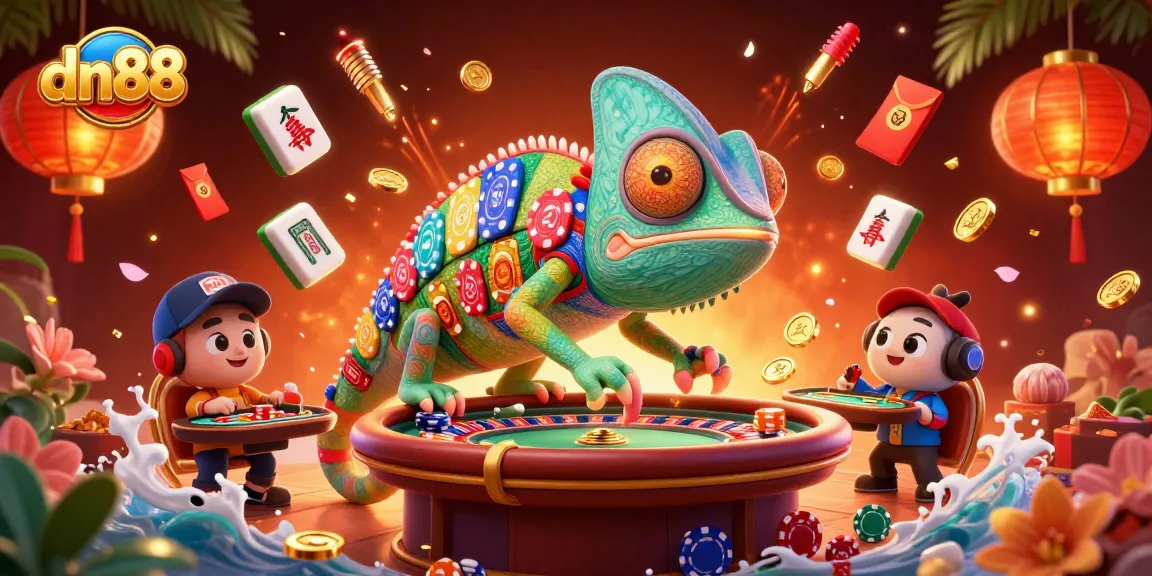 Experience the vibrant world of dn88 casino with dynamic gaming elements and a colorful chameleon owner.