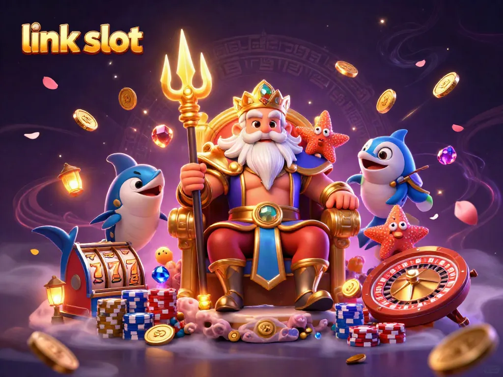 Engage in thrilling wins with link slot featuring vibrant slot reels, Neptune, and shimmering casino elements.
