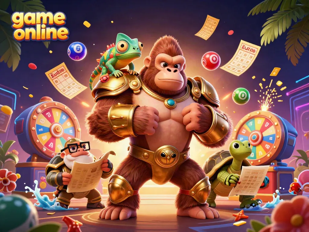 Engage in thrilling game online experiences with our cartoon gorilla king and colorful lottery elements.